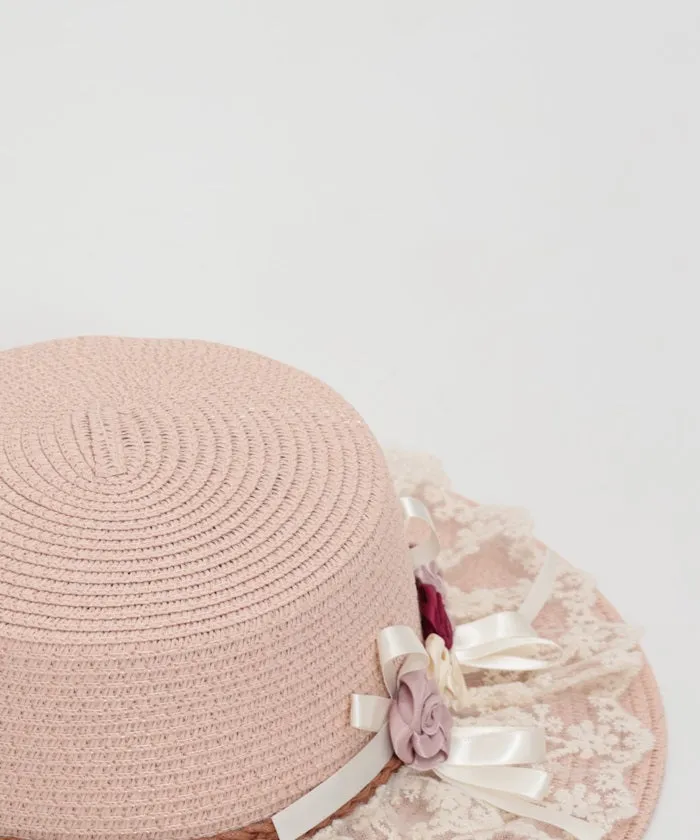 Ribbon Rose Lace Woven Boater Hat