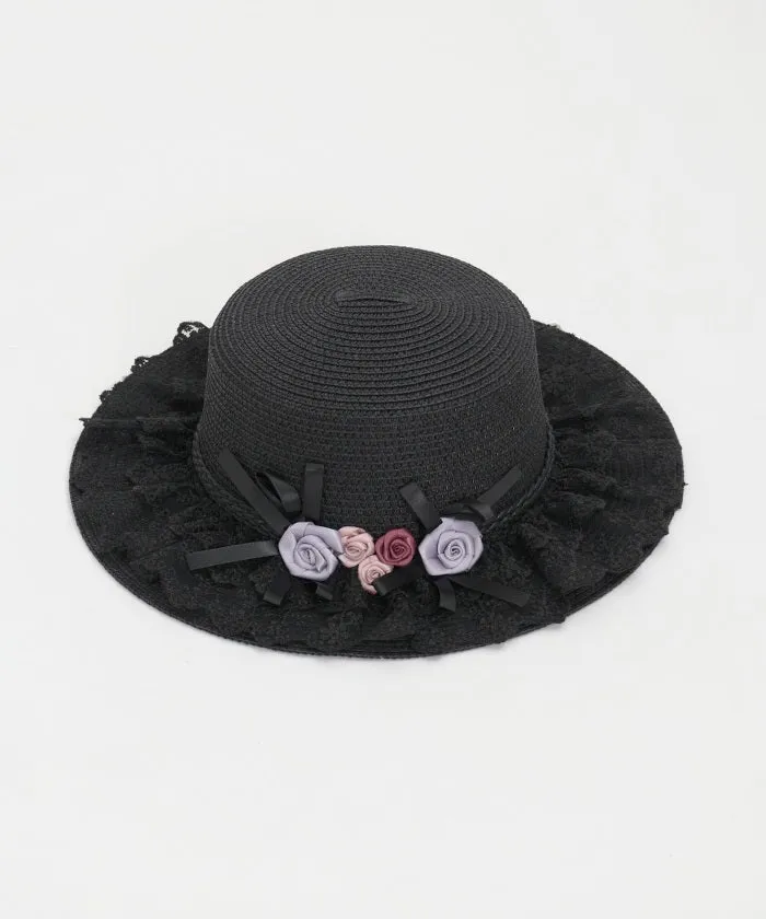 Ribbon Rose Lace Woven Boater Hat