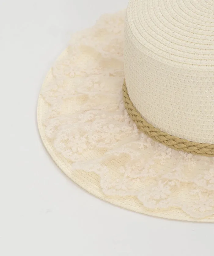 Ribbon Rose Lace Woven Boater Hat