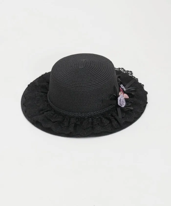 Ribbon Rose Lace Woven Boater Hat