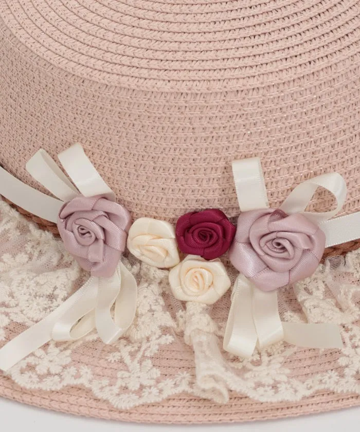 Ribbon Rose Lace Woven Boater Hat