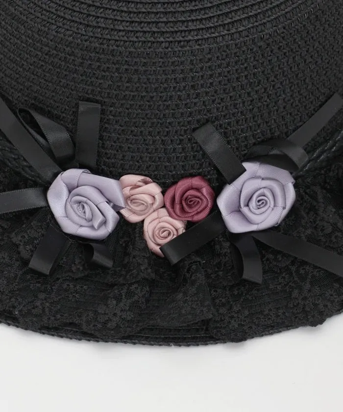 Ribbon Rose Lace Woven Boater Hat