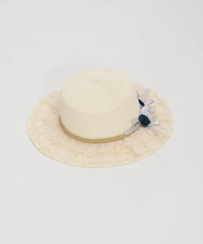 Ribbon Rose Lace Woven Boater Hat