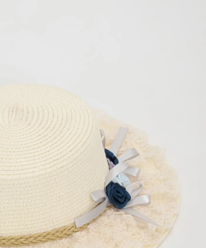 Ribbon Rose Lace Woven Boater Hat