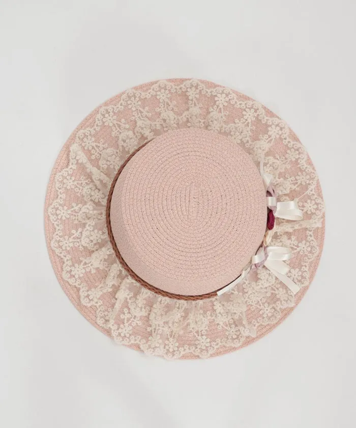 Ribbon Rose Lace Woven Boater Hat