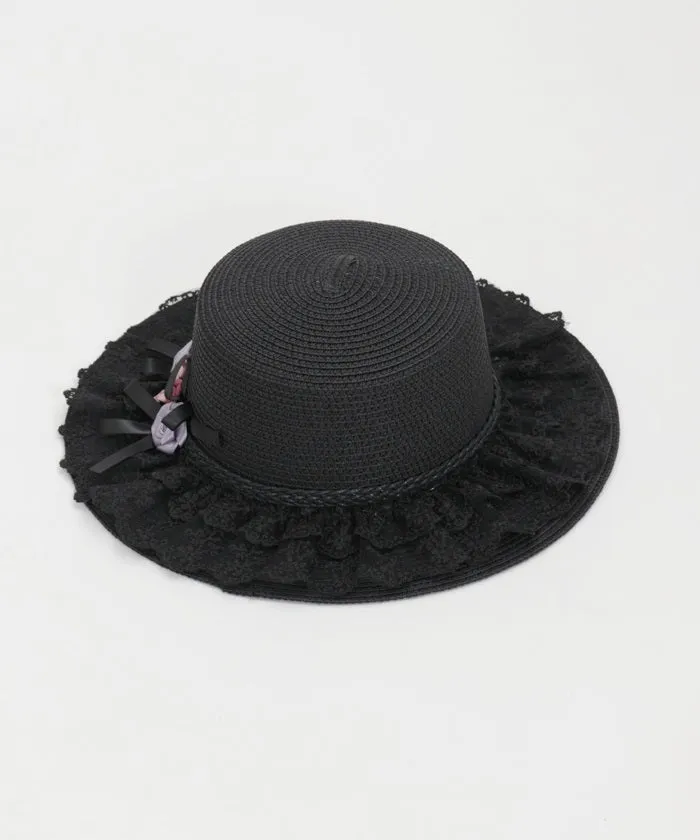 Ribbon Rose Lace Woven Boater Hat