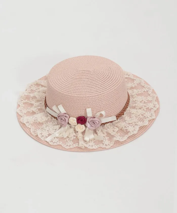 Ribbon Rose Lace Woven Boater Hat