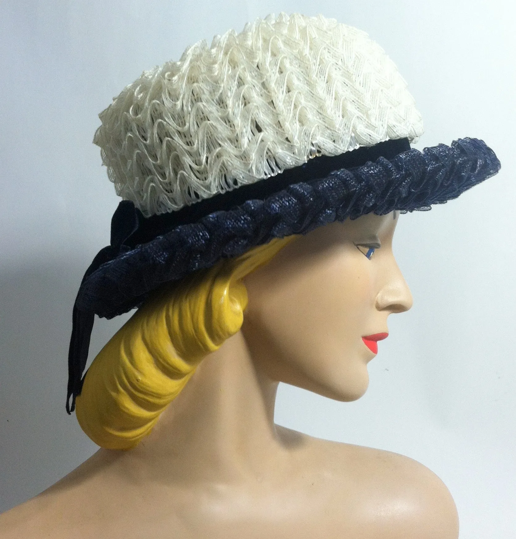 Ruffled Cello Mod Blue and White Hat w/ Bow circa 1960s