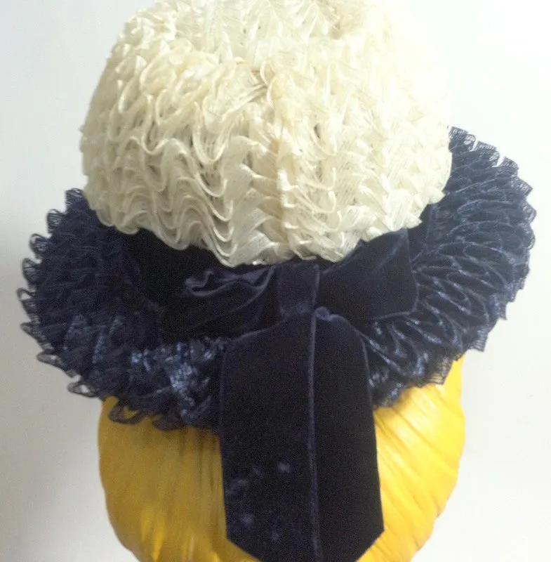 Ruffled Cello Mod Blue and White Hat w/ Bow circa 1960s