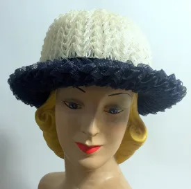 Ruffled Cello Mod Blue and White Hat w/ Bow circa 1960s