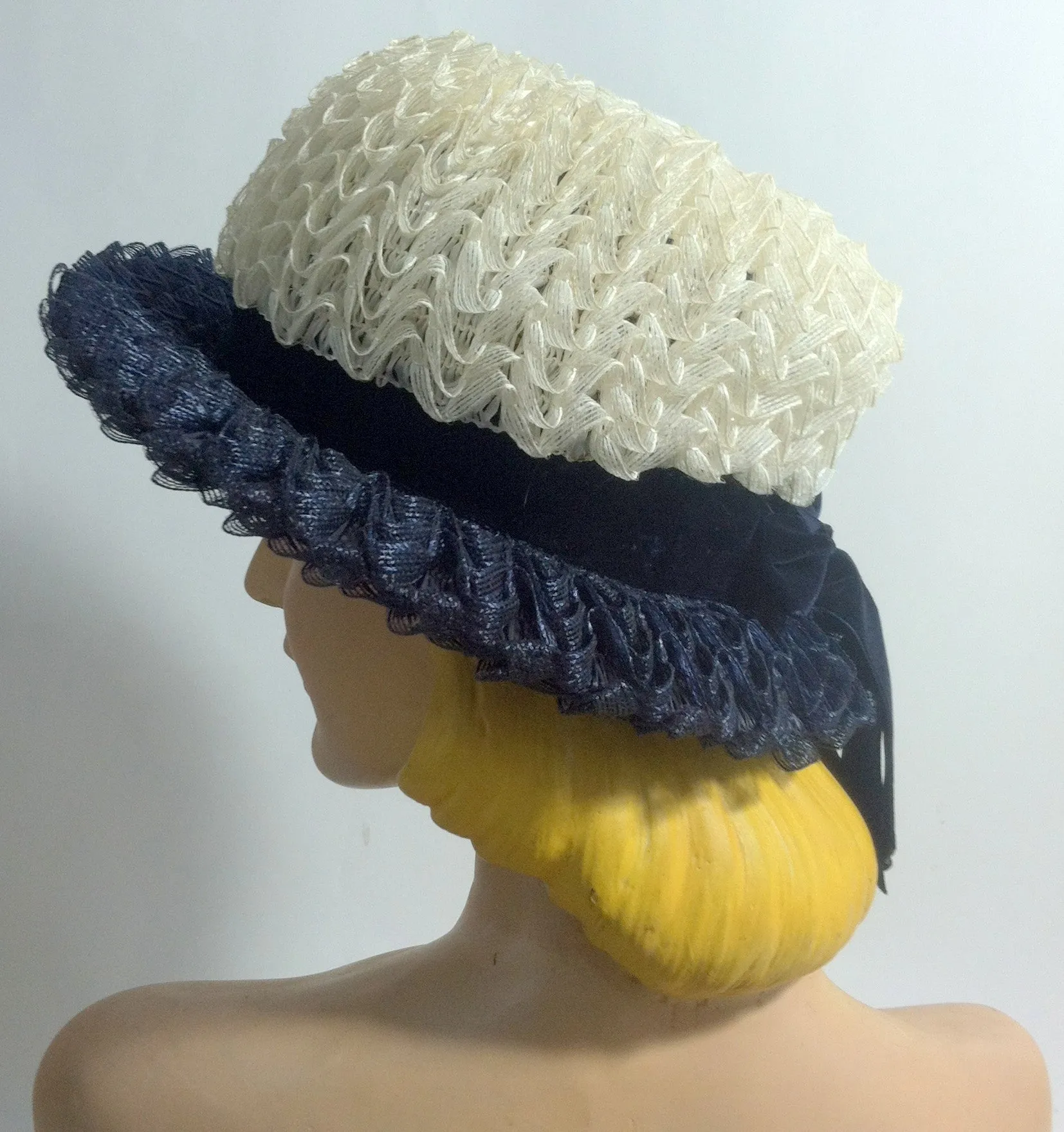 Ruffled Cello Mod Blue and White Hat w/ Bow circa 1960s