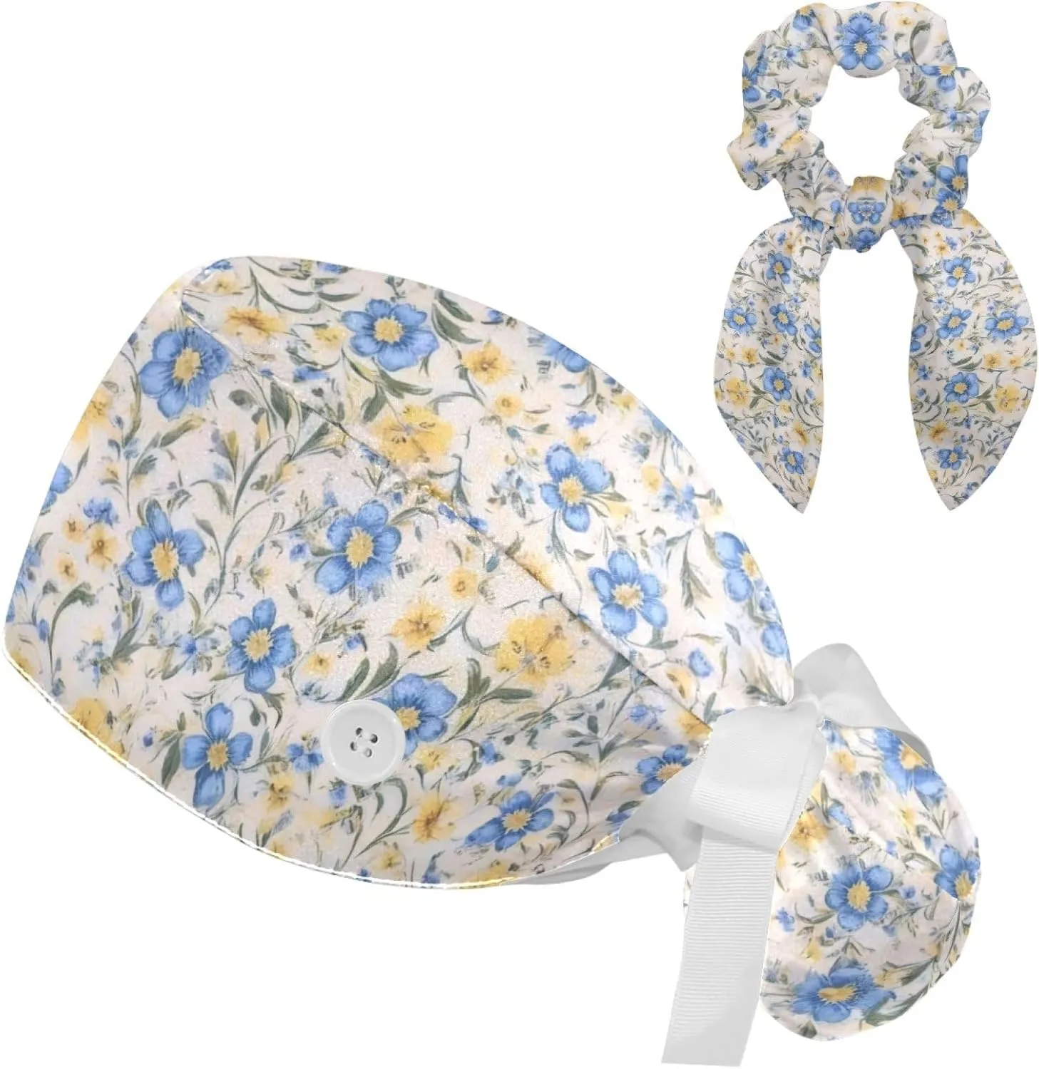 Scrub Caps Women with Button,Adjustable Surgical Caps with Ponytail Pouch,Blue Flower and Yellow Floral Working Cap with Bow