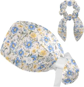 Scrub Caps Women with Button,Adjustable Surgical Caps with Ponytail Pouch,Blue Flower and Yellow Floral Working Cap with Bow