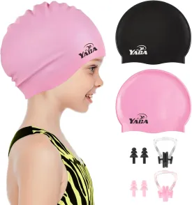 Swim Cap Kids for Long Hair, 2 Pack Silicone Swimming Cap for Boys Girls Aged 3-15, Durable Kids Swim Cap Short Hair, Fit Waterproof Swim Caps for Kids Toddler, with Ear Plugs & Nose Clip