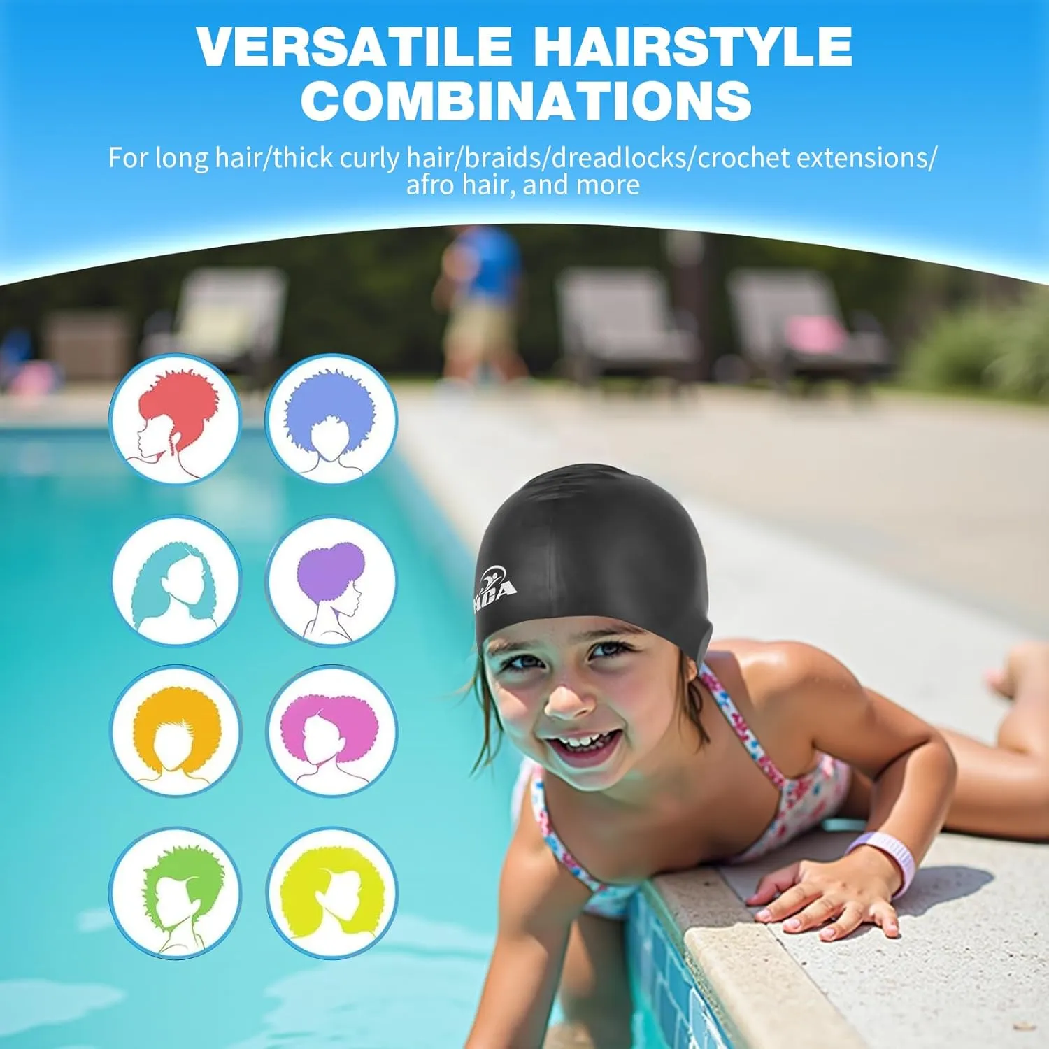 Swim Cap Kids for Long Hair, 2 Pack Silicone Swimming Cap for Boys Girls Aged 3-15, Durable Kids Swim Cap Short Hair, Fit Waterproof Swim Caps for Kids Toddler, with Ear Plugs & Nose Clip