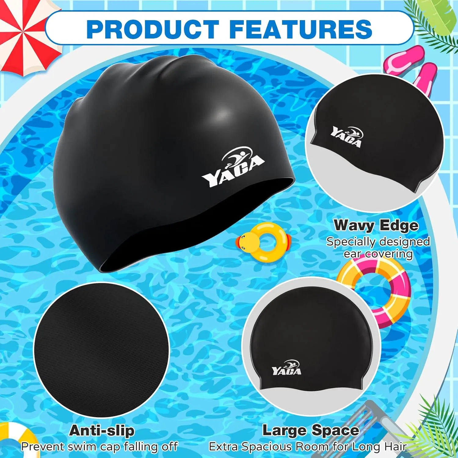 Swim Cap Kids for Long Hair, 2 Pack Silicone Swimming Cap for Boys Girls Aged 3-15, Durable Kids Swim Cap Short Hair, Fit Waterproof Swim Caps for Kids Toddler, with Ear Plugs & Nose Clip