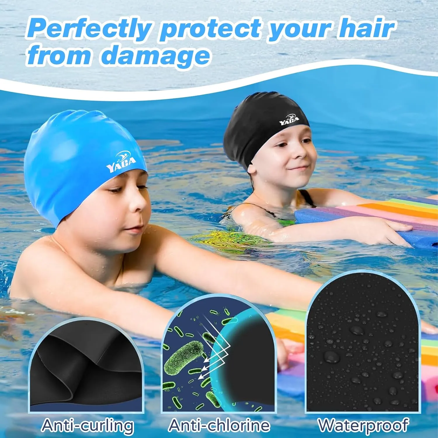 Swim Cap Kids for Long Hair, 2 Pack Silicone Swimming Cap for Boys Girls Aged 3-15, Durable Kids Swim Cap Short Hair, Fit Waterproof Swim Caps for Kids Toddler, with Ear Plugs & Nose Clip