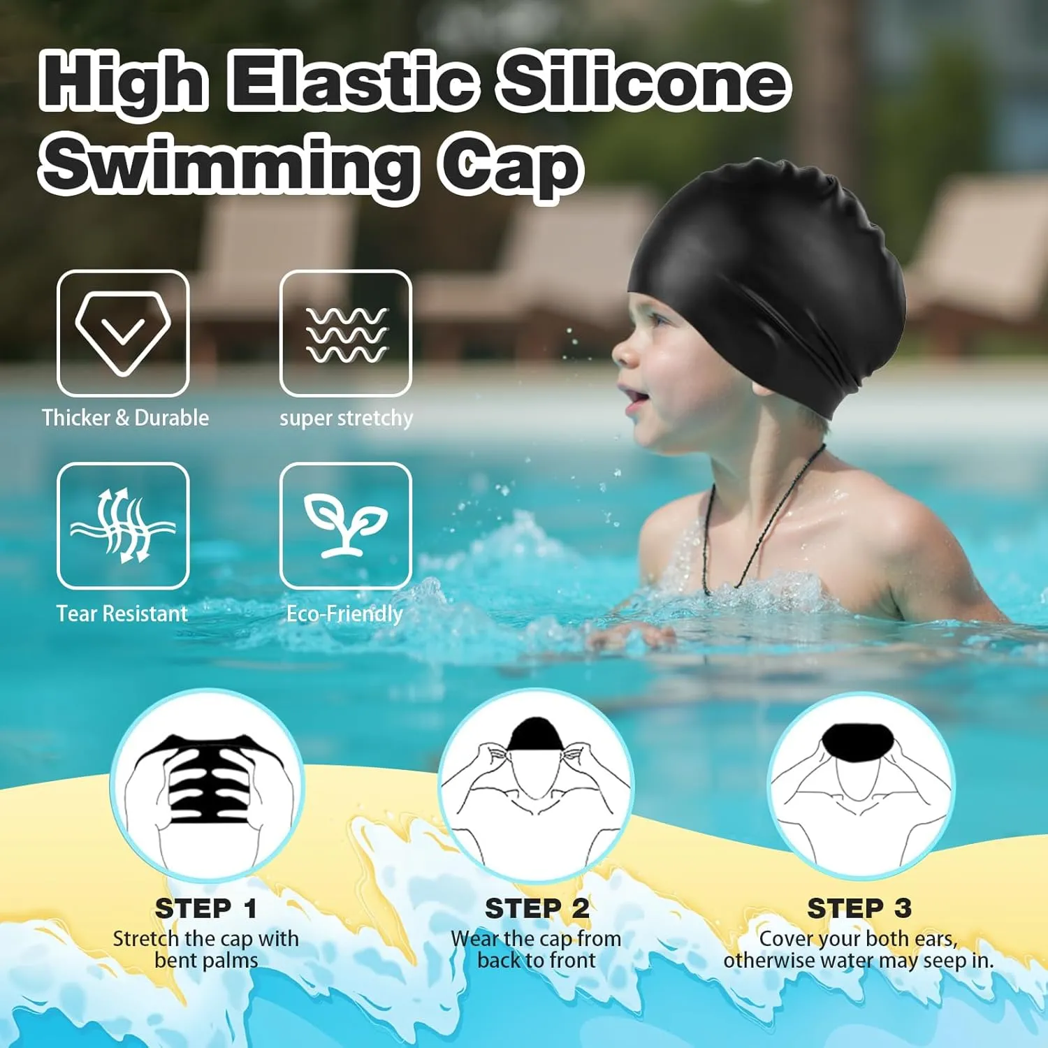 Swim Cap Kids for Long Hair, 2 Pack Silicone Swimming Cap for Boys Girls Aged 3-15, Durable Kids Swim Cap Short Hair, Fit Waterproof Swim Caps for Kids Toddler, with Ear Plugs & Nose Clip