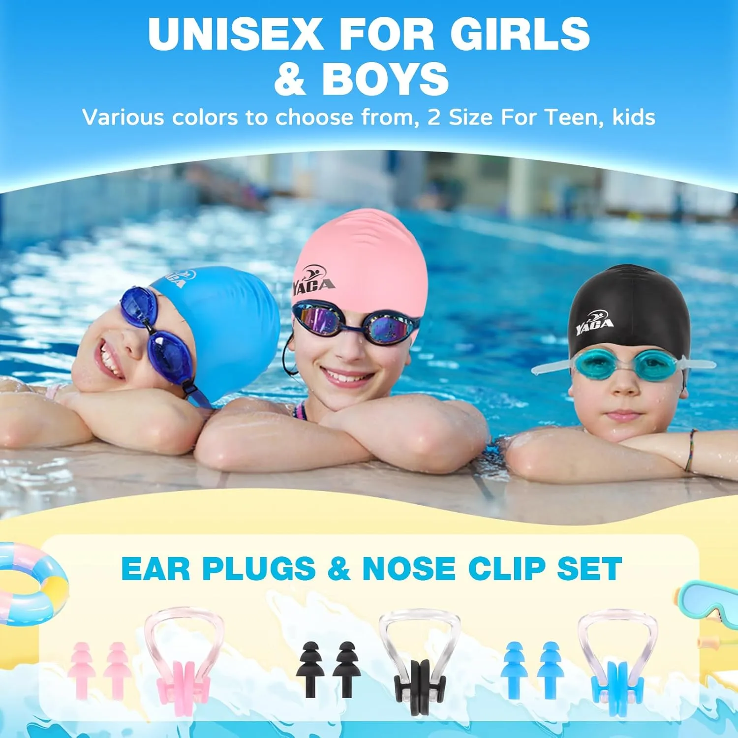 Swim Cap Kids for Long Hair, 2 Pack Silicone Swimming Cap for Boys Girls Aged 3-15, Durable Kids Swim Cap Short Hair, Fit Waterproof Swim Caps for Kids Toddler, with Ear Plugs & Nose Clip