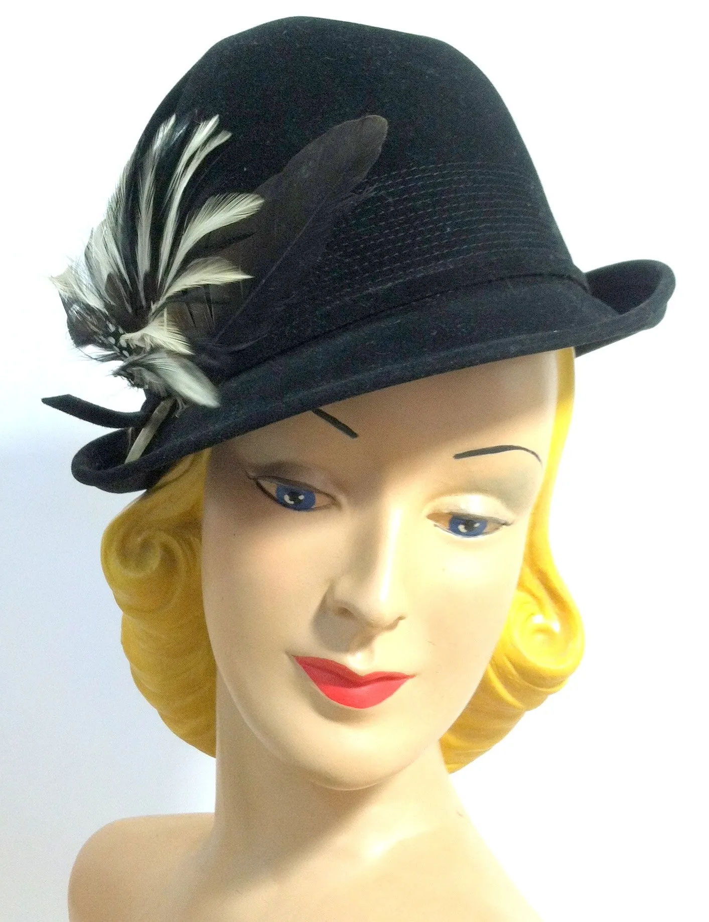 Tall Crown Black Velvet Bowler Style Tilt Hat w/ Feathers circa 1940s