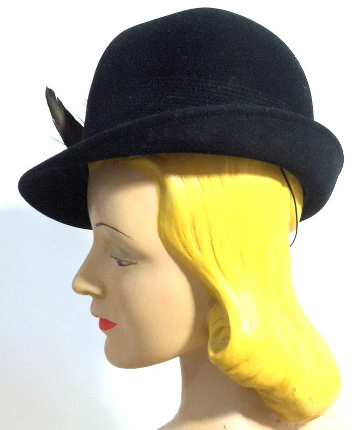 Tall Crown Black Velvet Bowler Style Tilt Hat w/ Feathers circa 1940s
