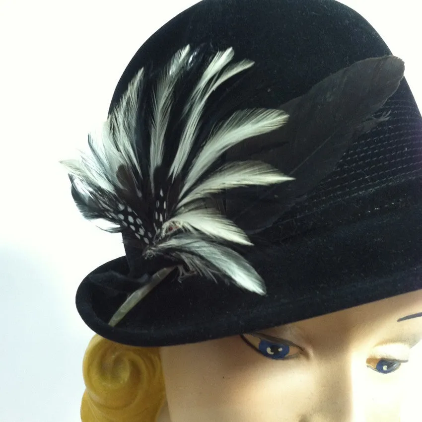Tall Crown Black Velvet Bowler Style Tilt Hat w/ Feathers circa 1940s