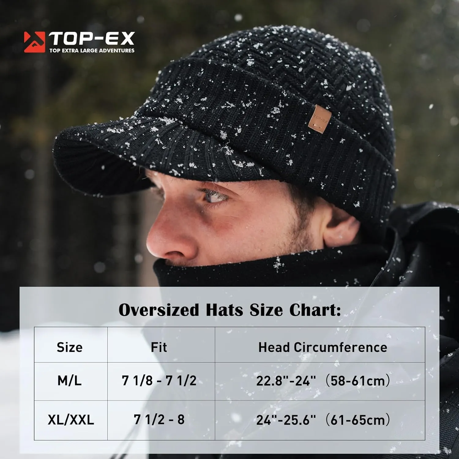 TOP-EX XL/XXL 50% Merino Wool Waterproof Visor Beanie All Weather Hat Fleece Lined with Circle Scarf Set