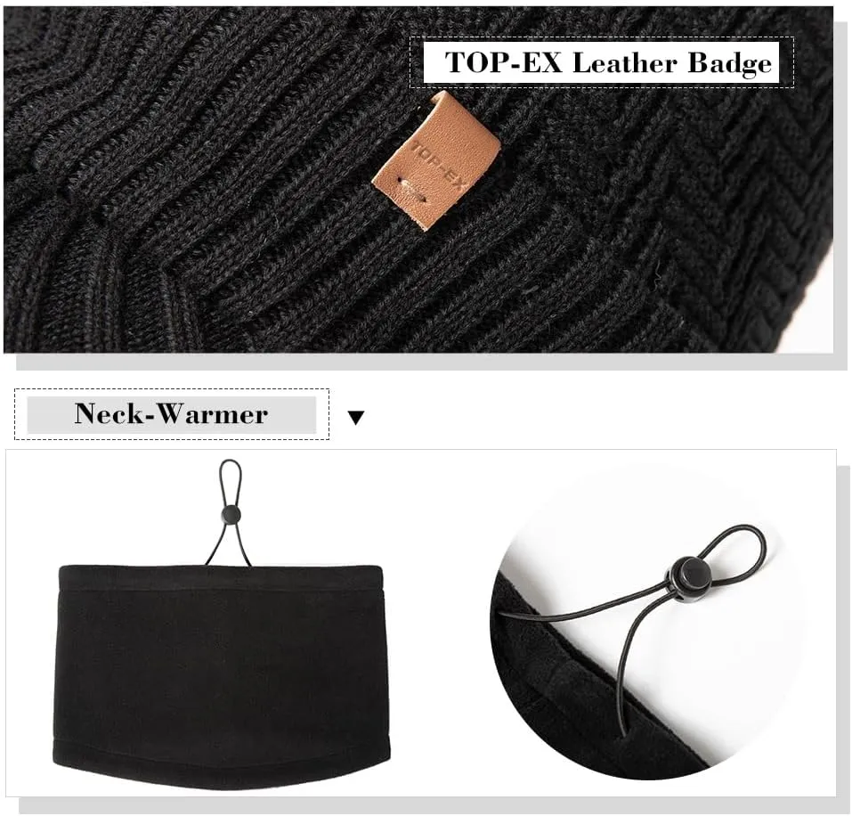 TOP-EX XL/XXL 50% Merino Wool Waterproof Visor Beanie All Weather Hat Fleece Lined with Circle Scarf Set