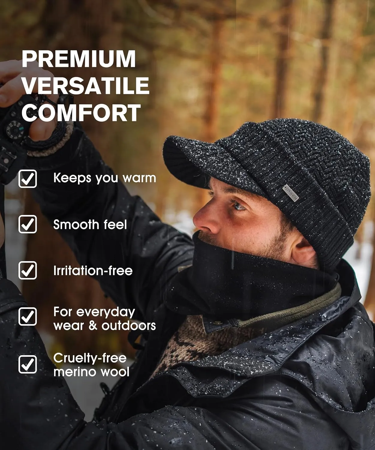 TOP-EX XL/XXL 50% Merino Wool Waterproof Visor Beanie All Weather Hat Fleece Lined with Circle Scarf Set