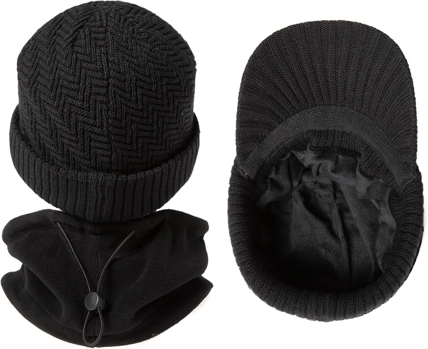 TOP-EX XL/XXL 50% Merino Wool Waterproof Visor Beanie All Weather Hat Fleece Lined with Circle Scarf Set