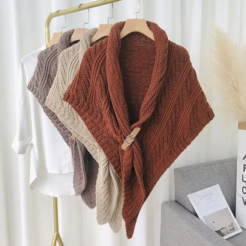 Triangle Knitted Shawl with Leather Buckle