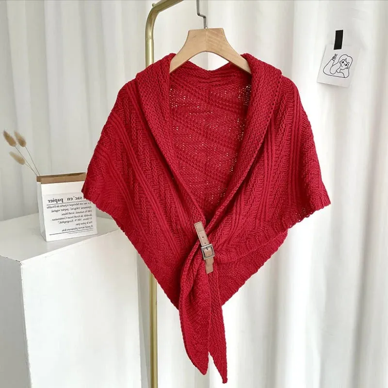 Triangle Knitted Shawl with Leather Buckle