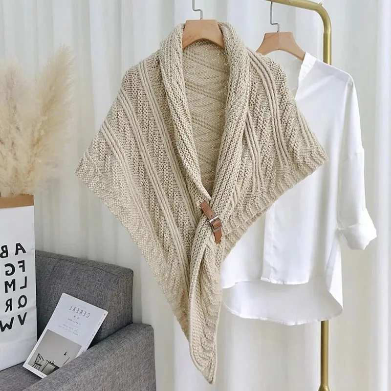 Triangle Knitted Shawl with Leather Buckle