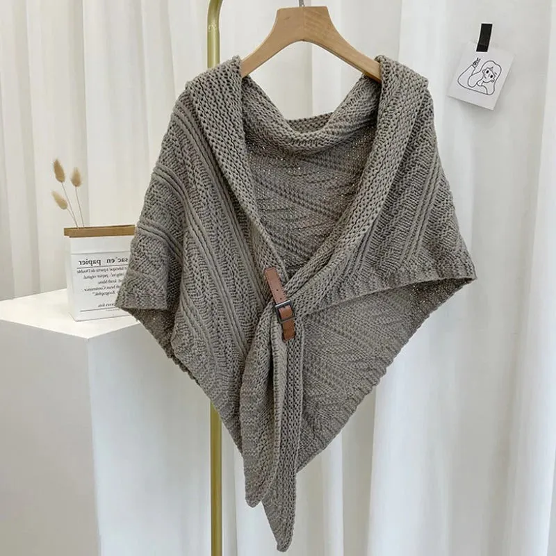 Triangle Knitted Shawl with Leather Buckle