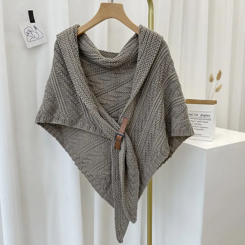 Triangle Knitted Shawl with Leather Buckle