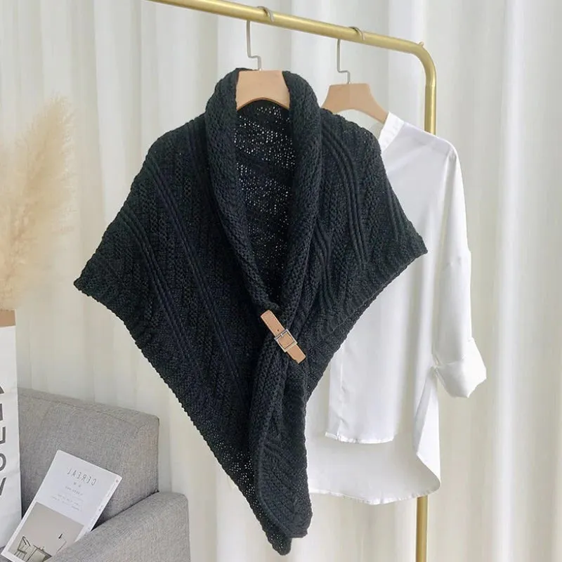 Triangle Knitted Shawl with Leather Buckle