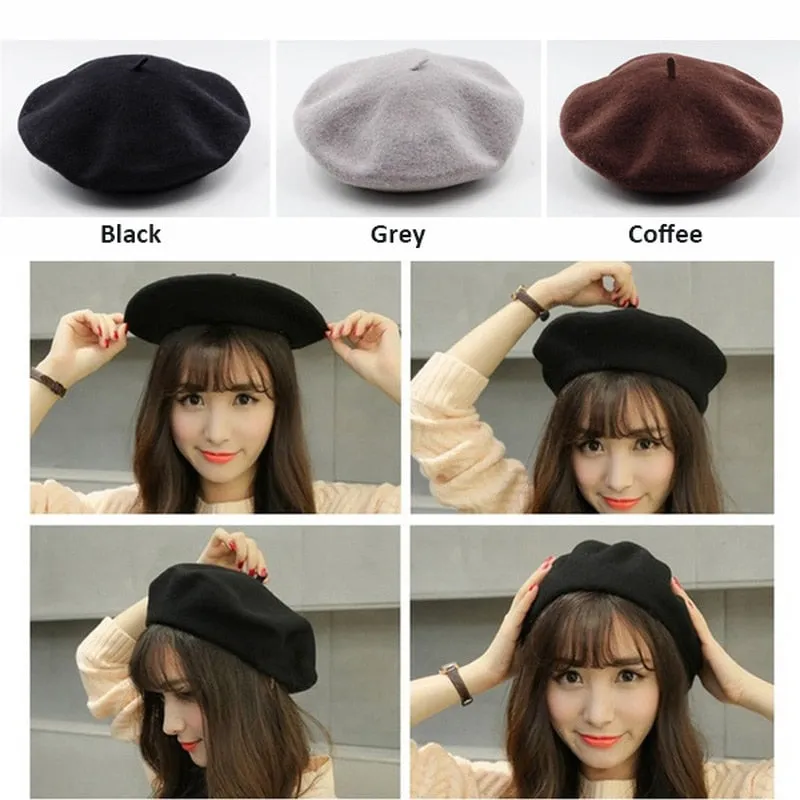 Vintage Plain Beret Hats French Berets Warm Wool Spring Winter Beanie Hat