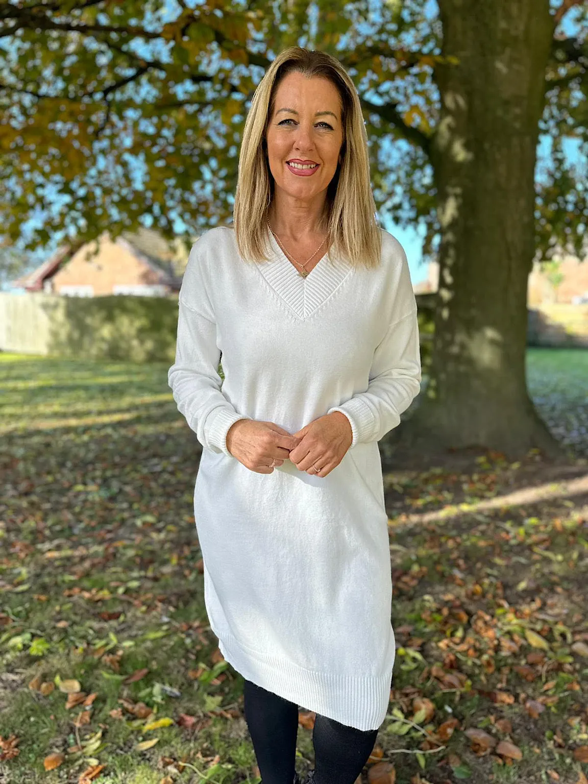 Winter White V Neck Jumper Dress Rhianna