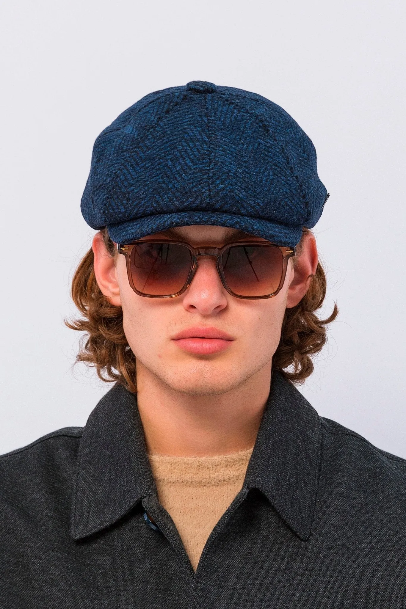 Wool Blend Chevron Newsboy Cap - Dark Blue