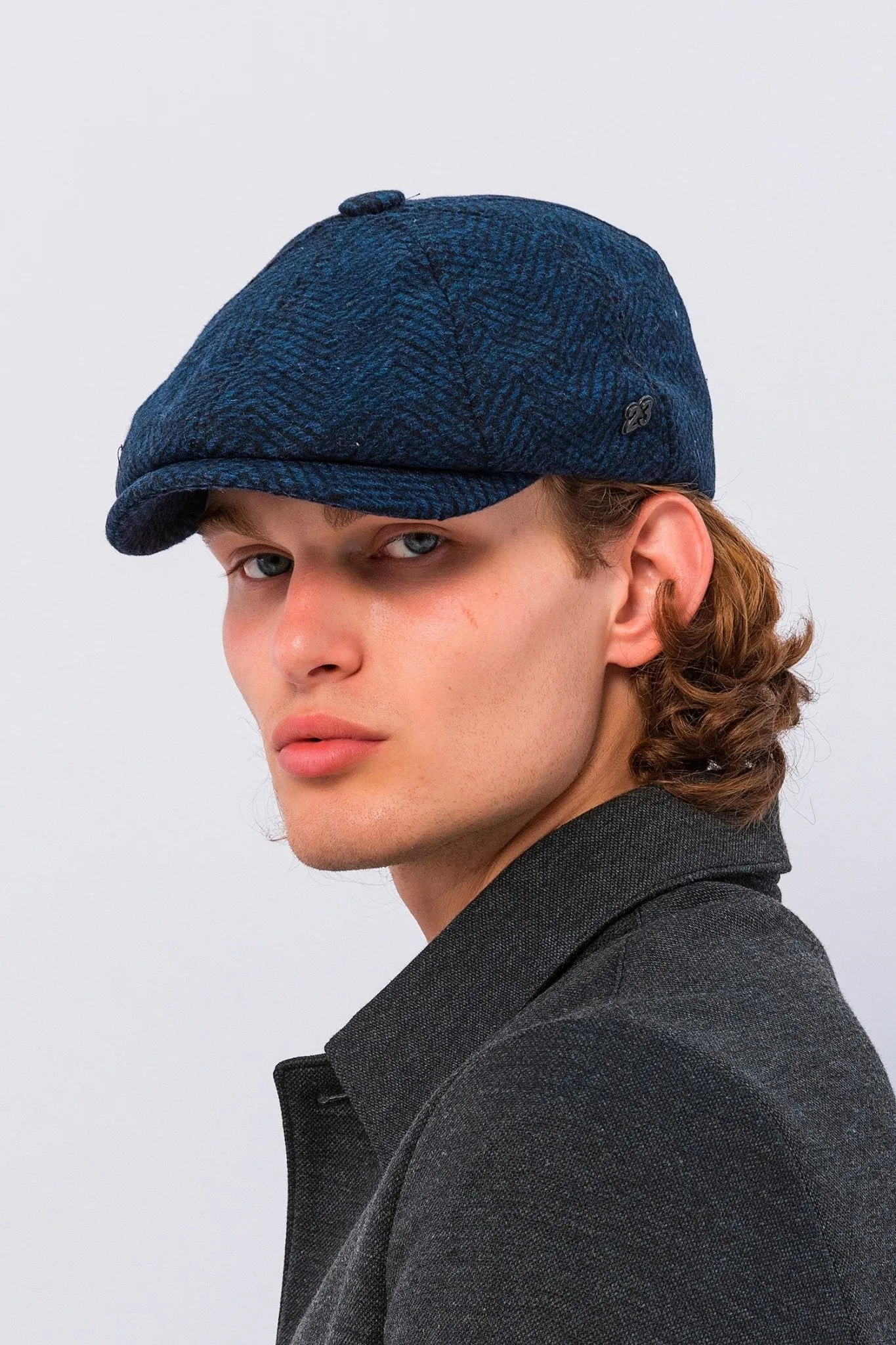 Wool Blend Chevron Newsboy Cap - Dark Blue