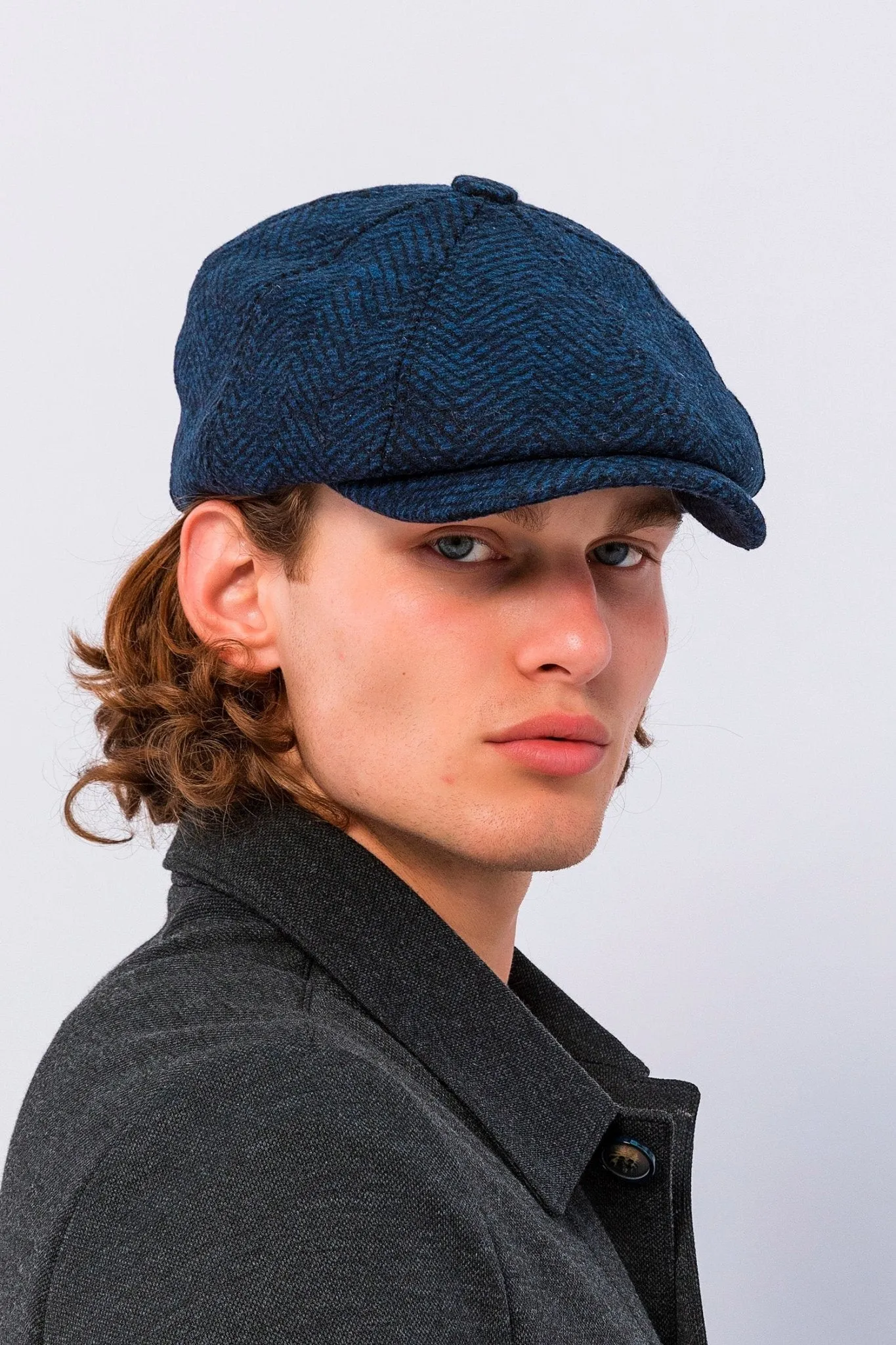 Wool Blend Chevron Newsboy Cap - Dark Blue