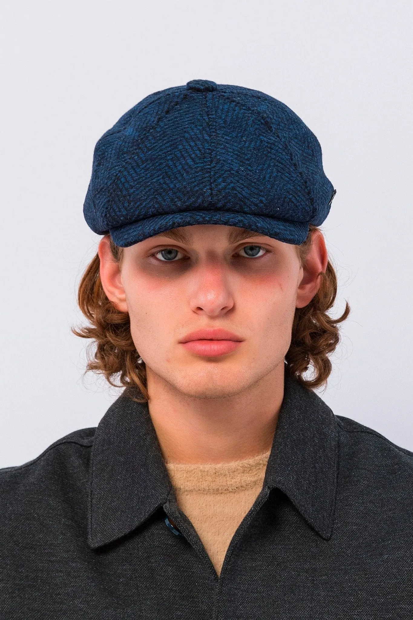 Wool Blend Chevron Newsboy Cap - Dark Blue