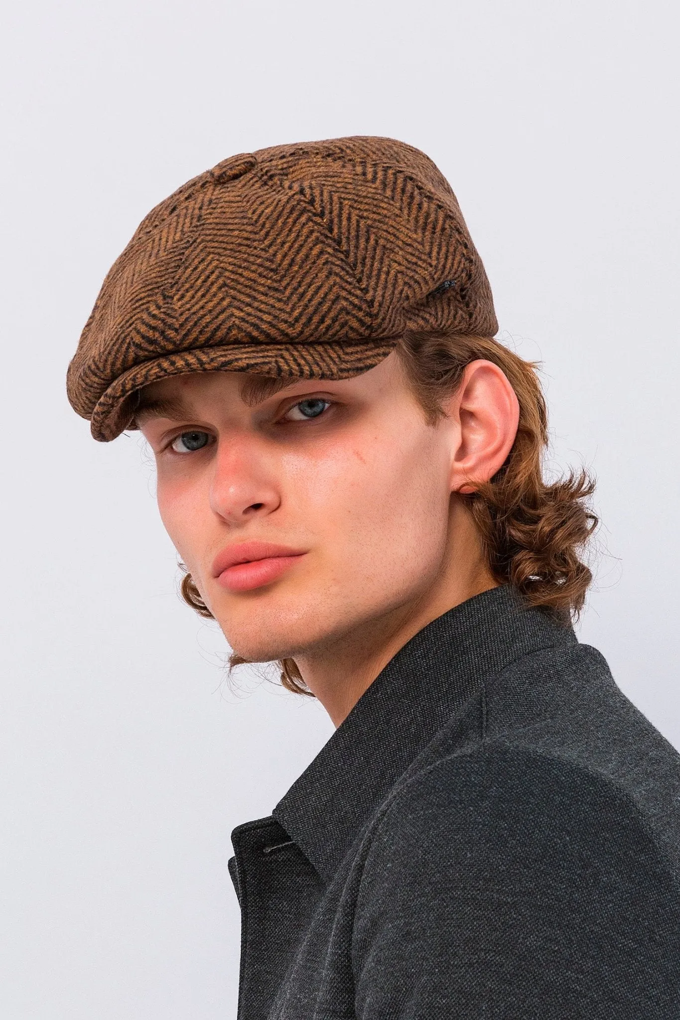 Wool Blend Chevron Newsboy Cap - Dark Brown