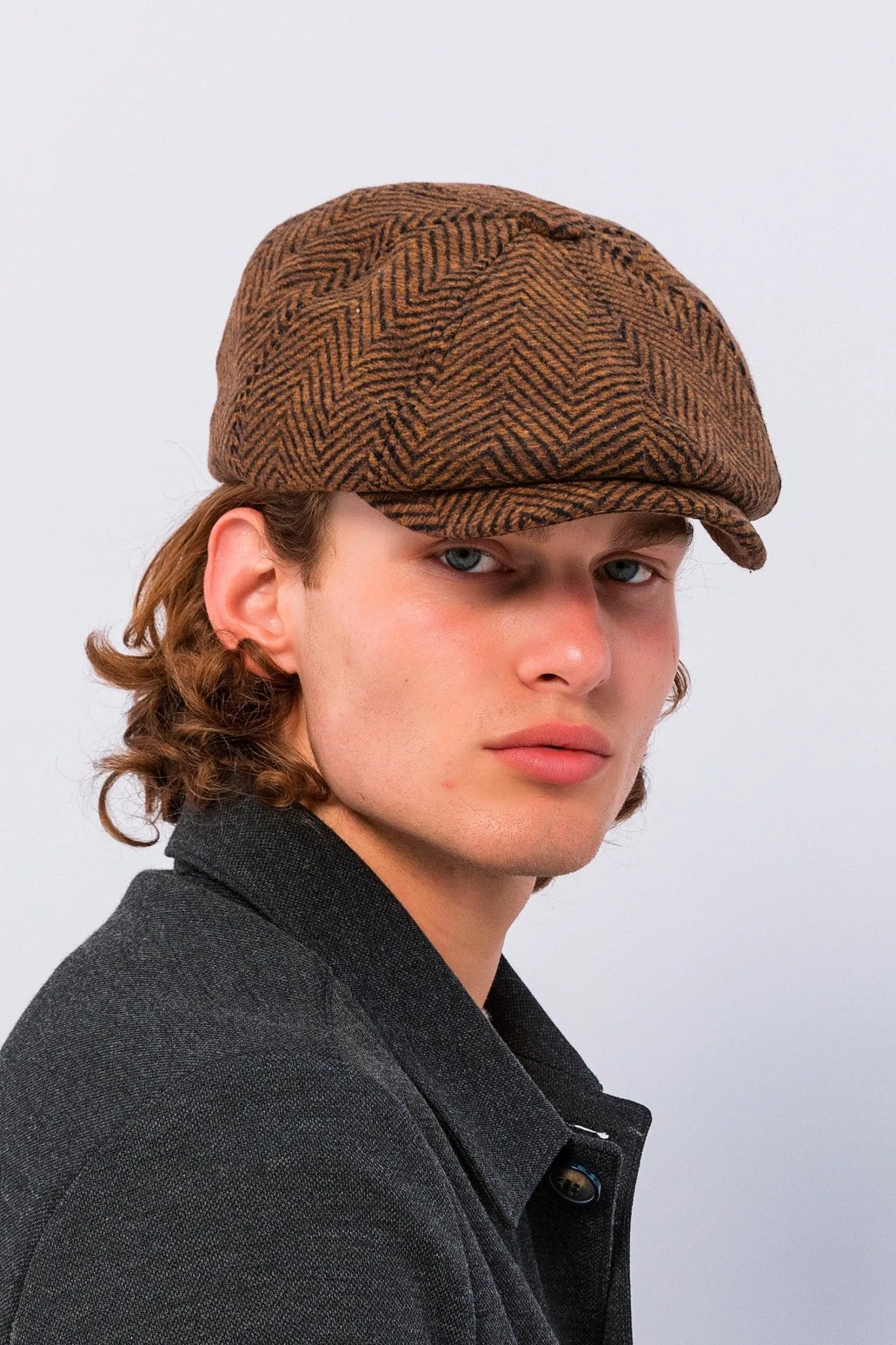 Wool Blend Chevron Newsboy Cap - Dark Brown
