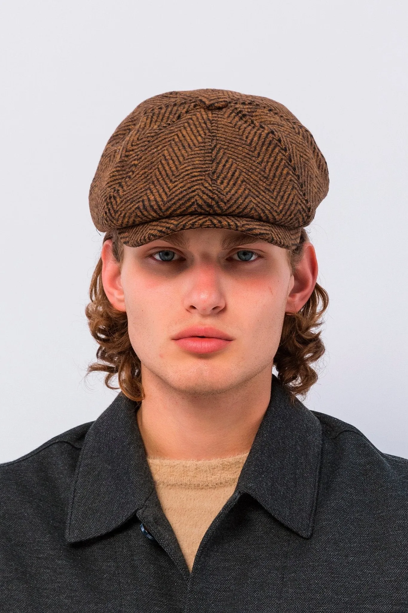 Wool Blend Chevron Newsboy Cap - Dark Brown