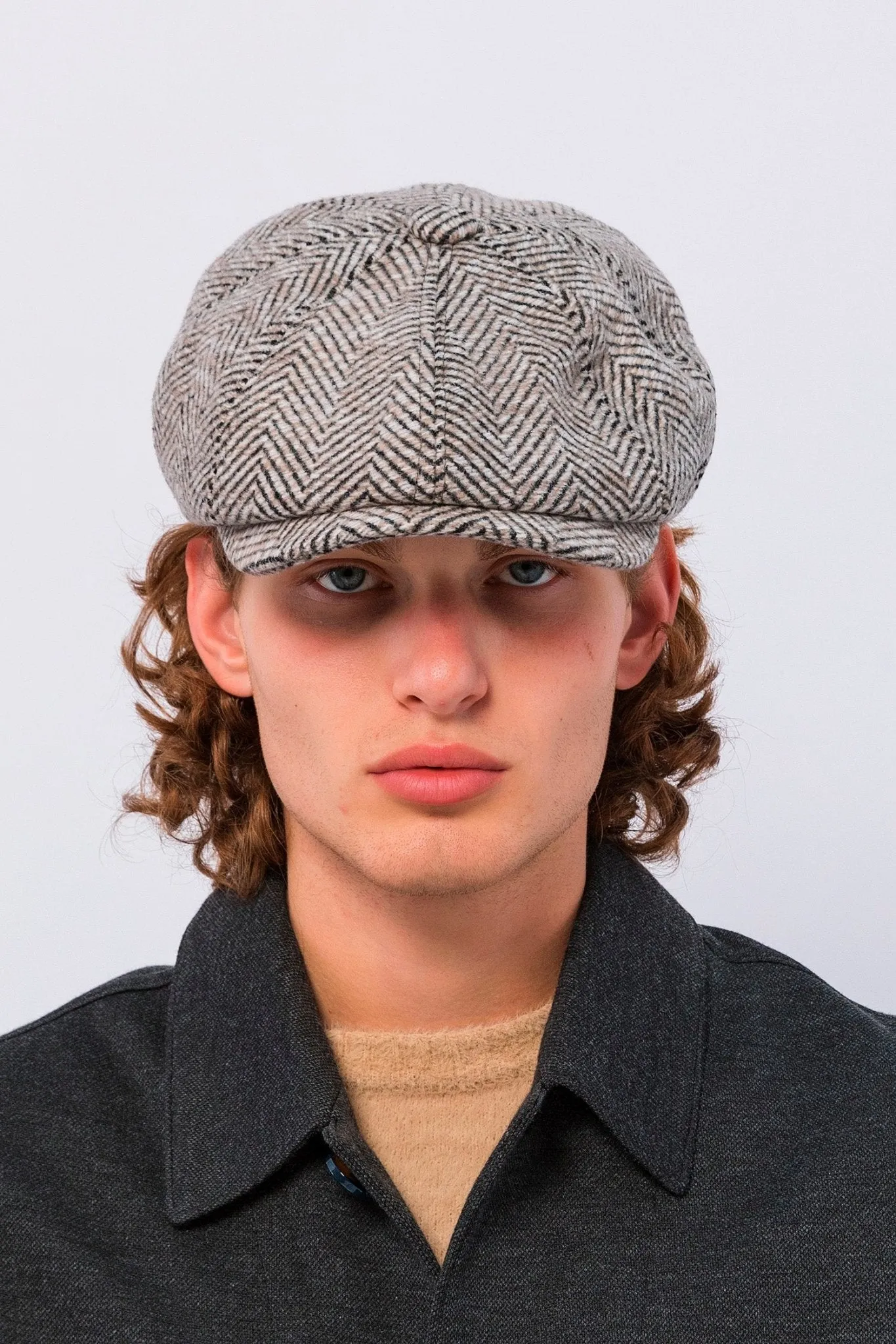 Wool Blend Chevron Newsboy Cap - Light Brown