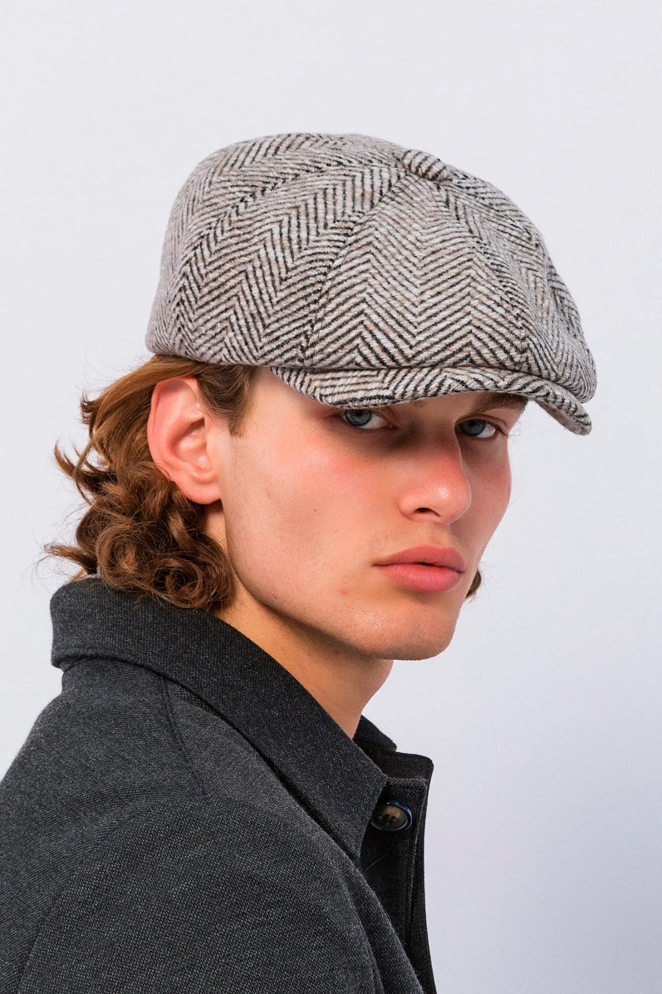 Wool Blend Chevron Newsboy Cap - Light Brown
