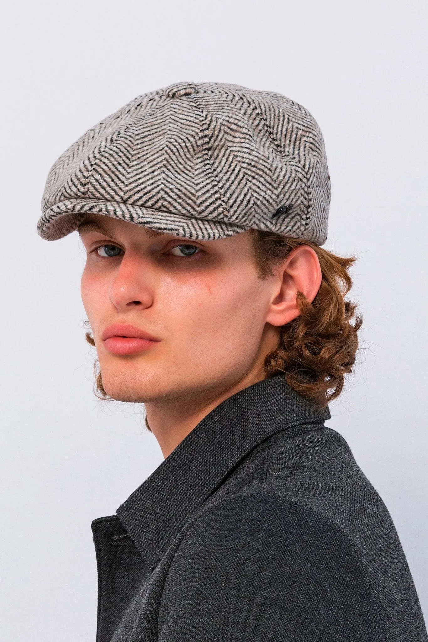 Wool Blend Chevron Newsboy Cap - Light Brown