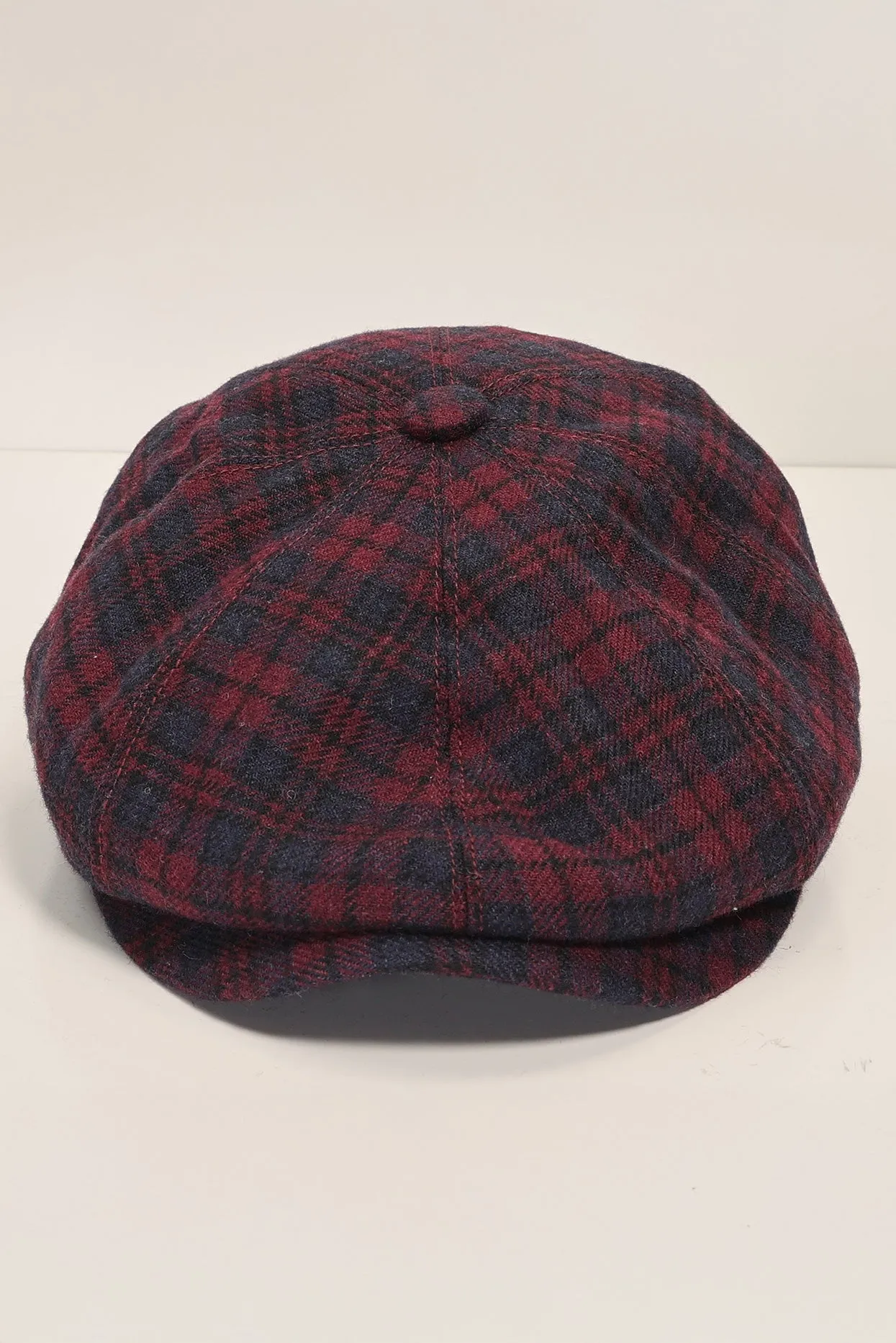 Wool Blend Plaid Newsboy Cap - Burgundy