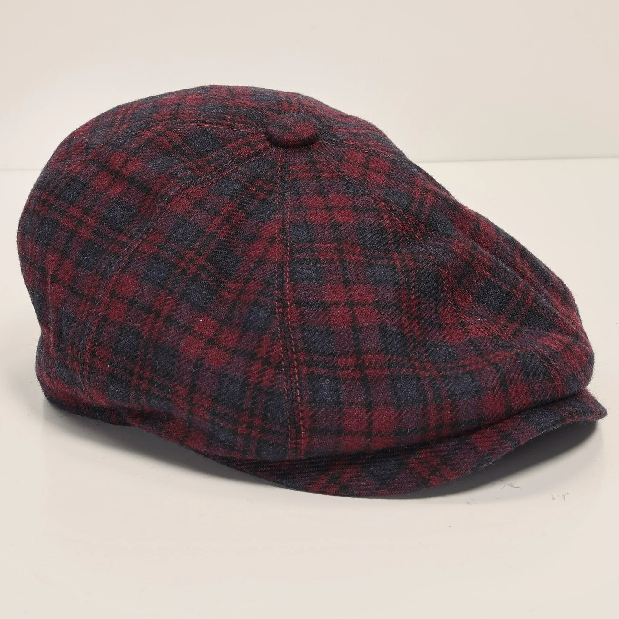 Wool Blend Plaid Newsboy Cap - Burgundy